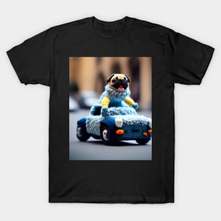 A knitted pug dog driving a woolly convertible car T-Shirt